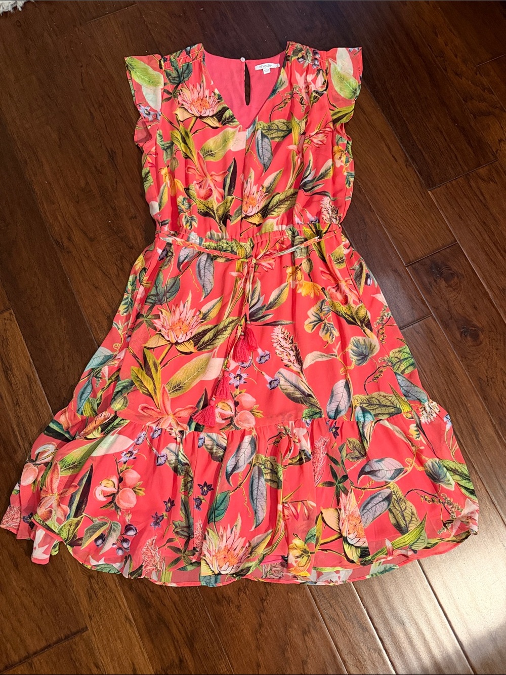 Chico's Coral Tropical Floral Midi Dress with Ruffle Hem